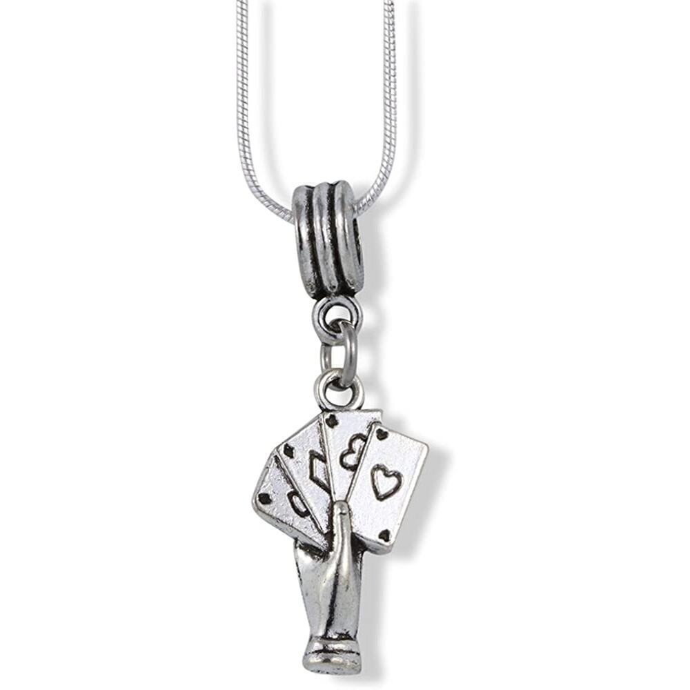 Hand with 4 Four Playing Cards Charm Snake Chain Necklace